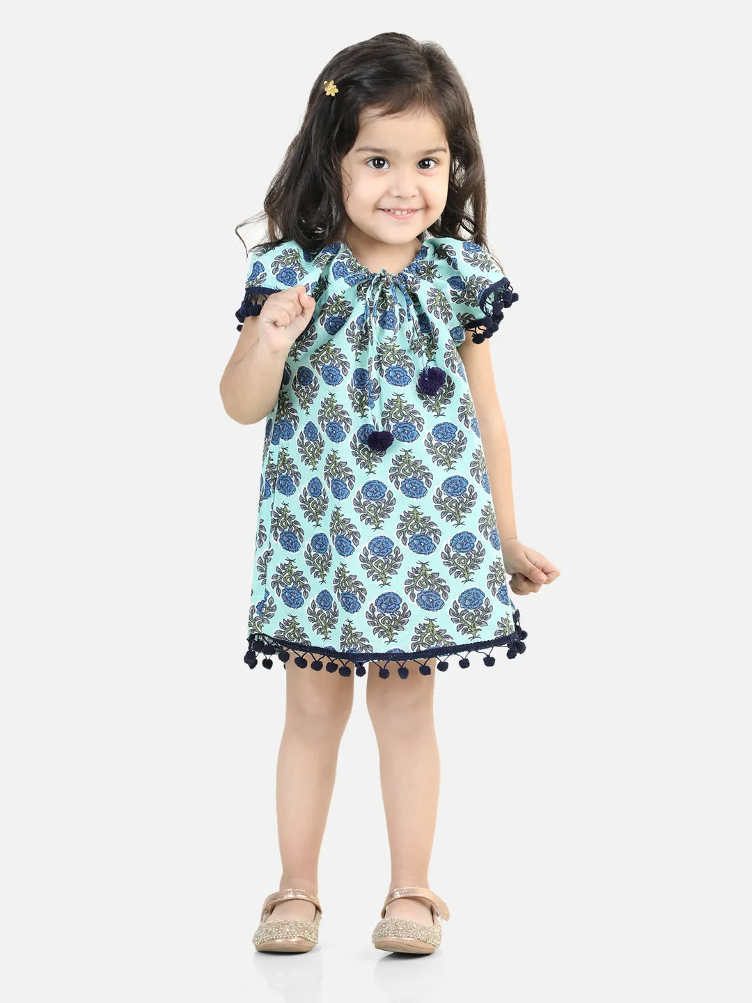 100% Cotton Printed With Pompom Jhabla Frock For Girls- Light Blue