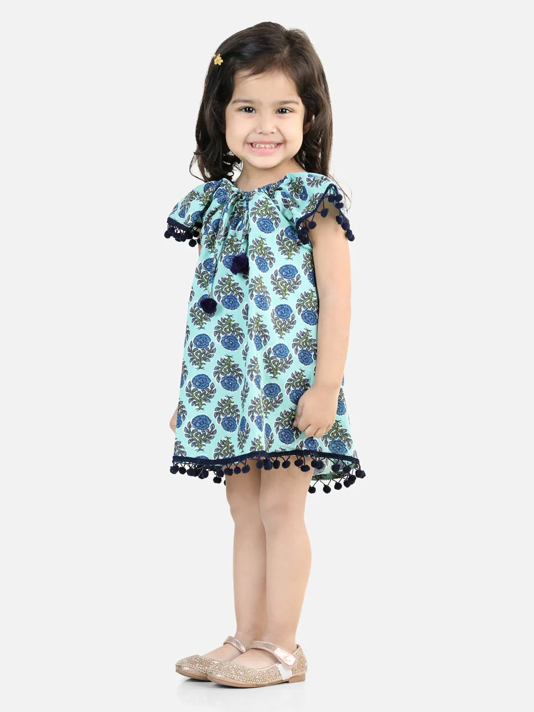 100% Cotton Printed With Pompom Jhabla Frock For Girls- Light Blue