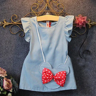 2016 Baby Toddlers Kids Girl Solid Dress Minnie Mouse Sleeveless Bag Ruffles Demin Casual Dresses 1-5Y