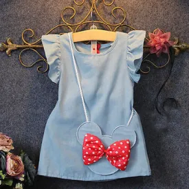 2016 Baby Toddlers Kids Girl Solid Dress Minnie Mouse Sleeveless Bag Ruffles Demin Casual Dresses 1-5Y