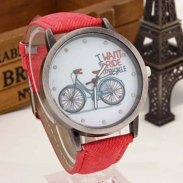 2017 Fashion Brand Quartz Watches Bicycle Pattern Cartoon Watch Women Casual Vintage Leather Girls Kids Wristwatches gifts Clock