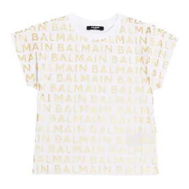 Balmain Kids Gold Lettering Logo All-Over White T-Shirt