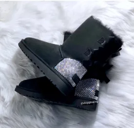 Black Ugg Boots Double Bailey Bow with Swarovski Crystals