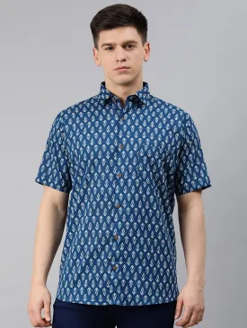 Blue Cotton Short Sleeves Shirts For Men-Mmh039