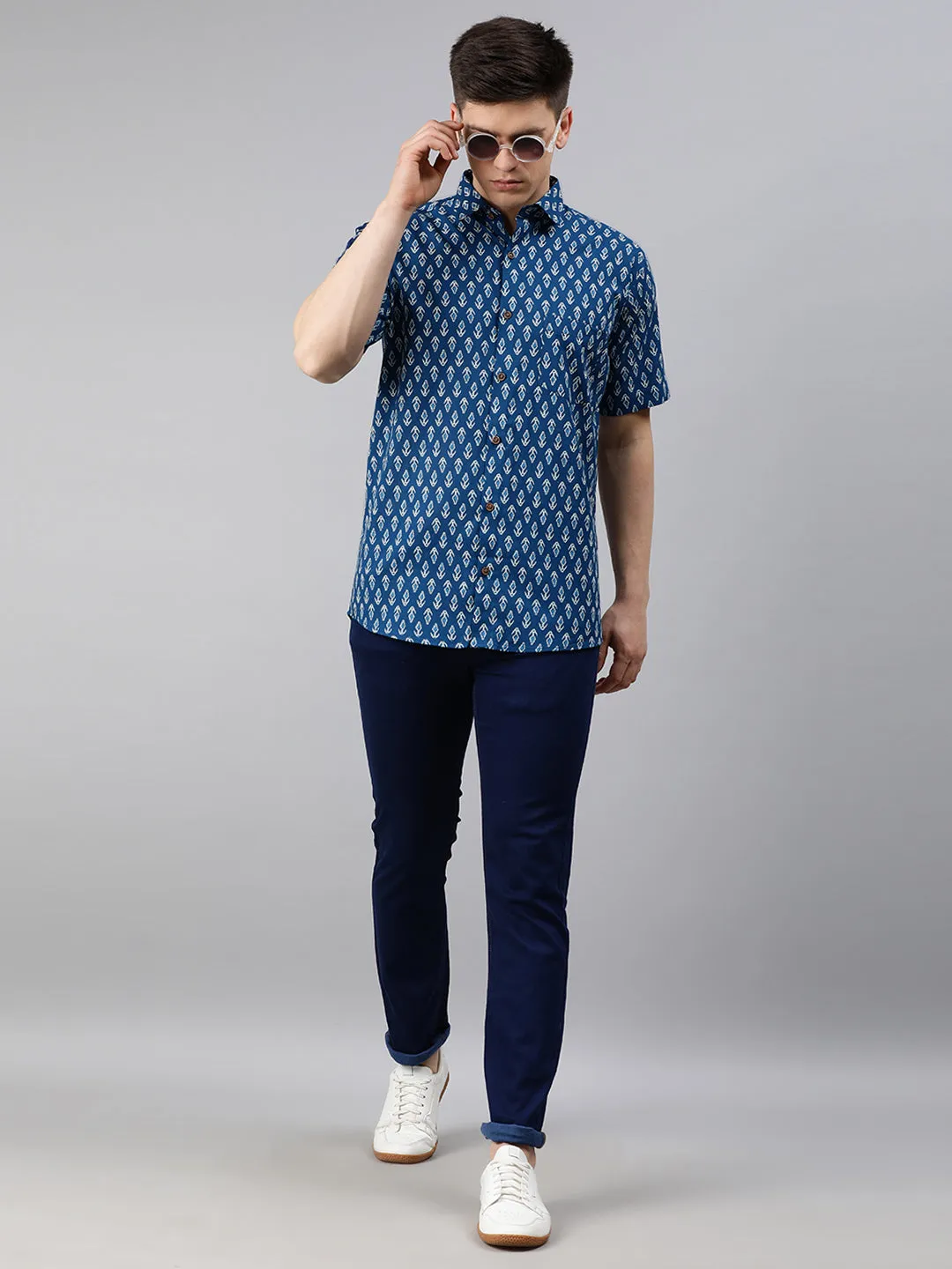 Blue Cotton Short Sleeves Shirts For Men-Mmh039