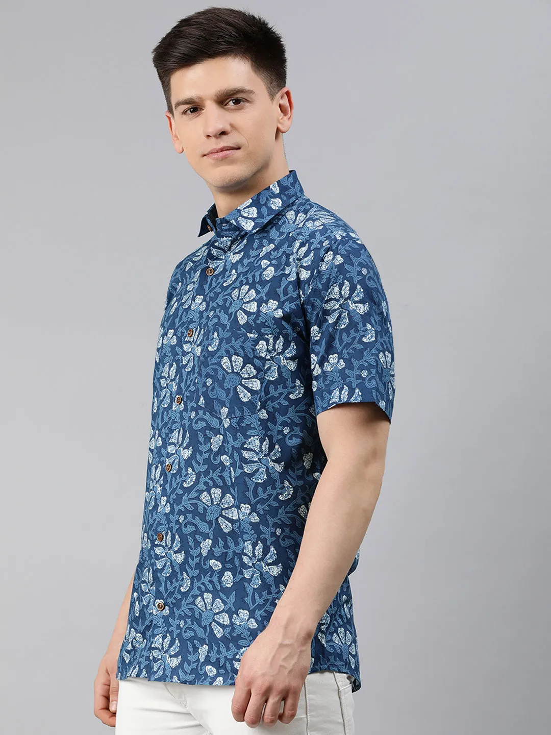 Blue Cotton Short Sleeves Shirts For Men-Mmh04