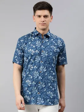 Blue Cotton Short Sleeves Shirts For Men-Mmh04