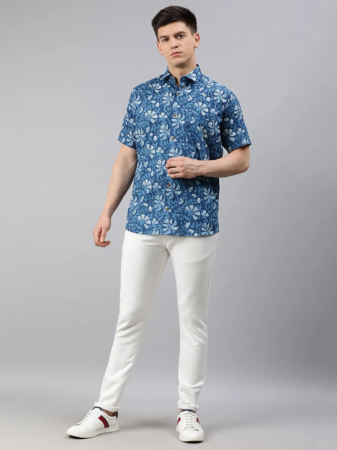 Blue Cotton Short Sleeves Shirts For Men-Mmh04