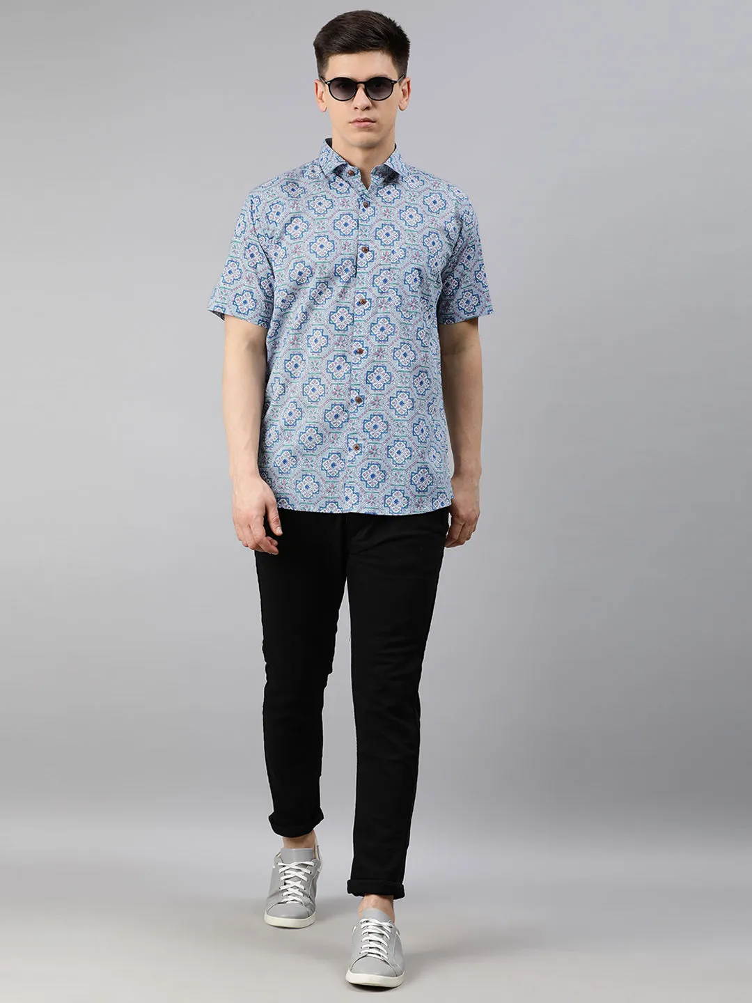 Blue Cotton Short Sleeves Shirts For Men-Mmh09