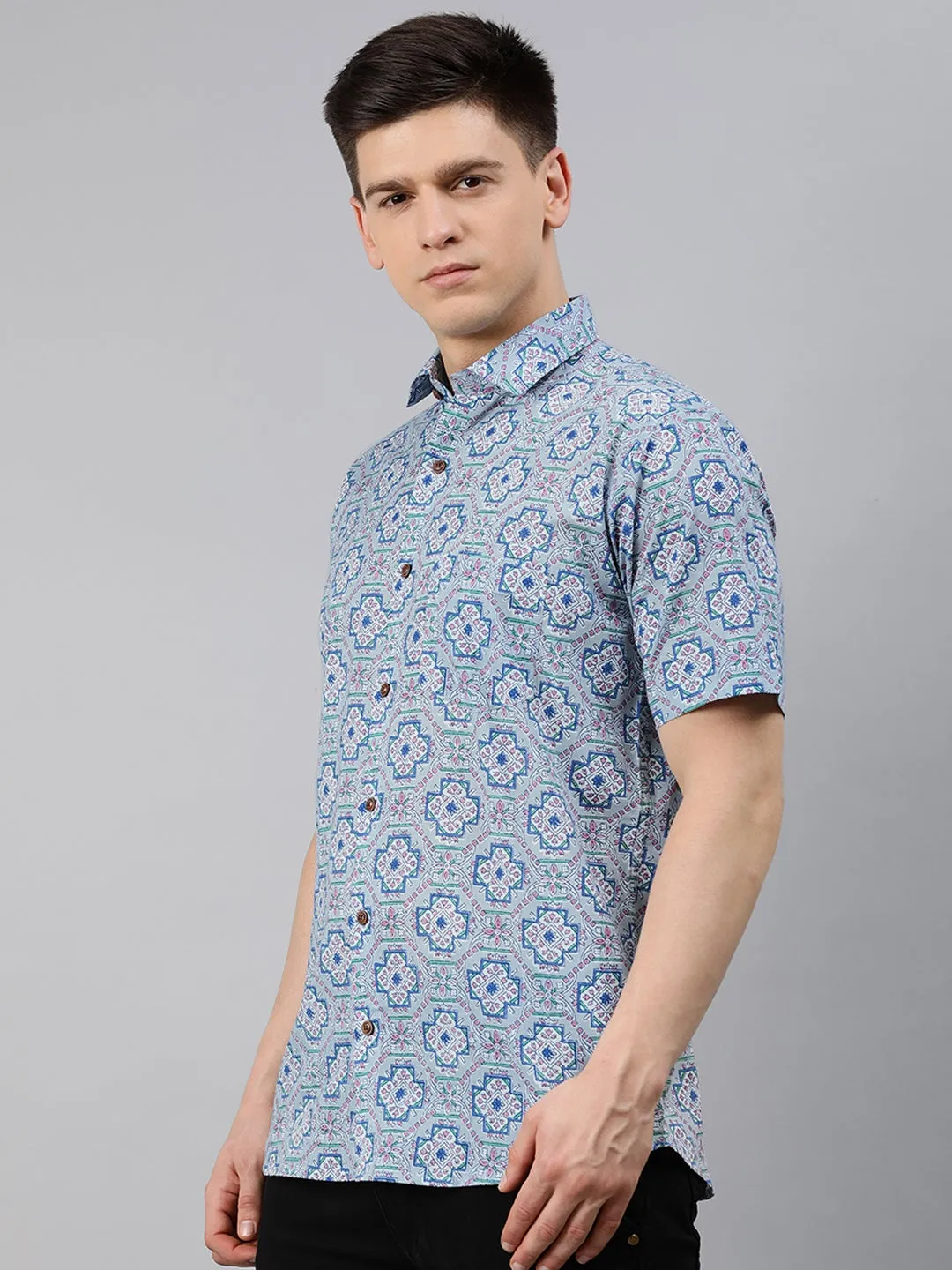 Blue Cotton Short Sleeves Shirts For Men-Mmh09