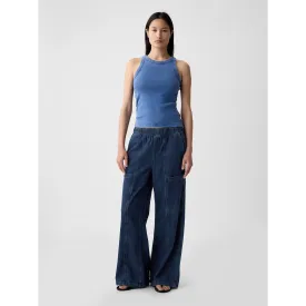 Blue High Waisted Wide Leg Utility Easy Jeans