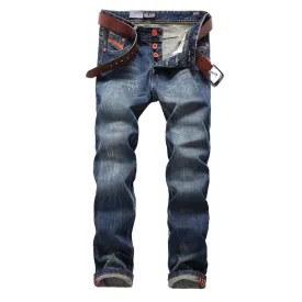 Blue Jeans Men Straight Denim Jeans Trousers Plus Size 29-40 High Quality Cotton Dsel Brand Orange Buttons Men`s Jeans 778