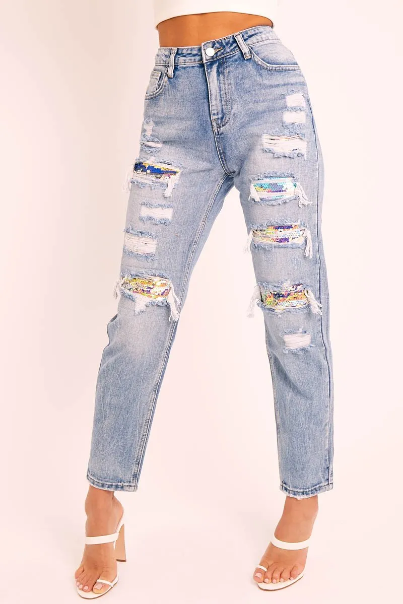 Blue Multi Sequin Ripped Boyfriend Jeans - Kacie