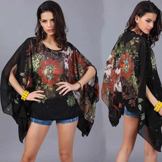 Boho Batwing Sleeve Chiffon Blouse Women Casual Floral Print Loose Kimono Shirts Big Size Beach Tunic Tops Peplum Blusas Robe