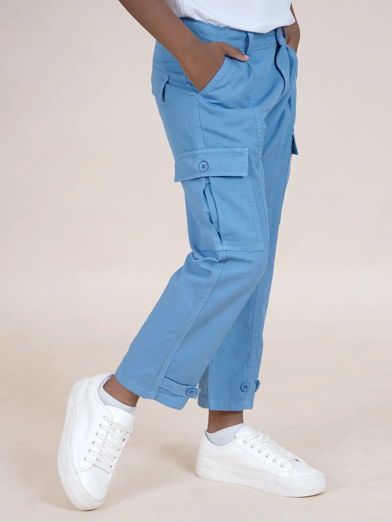 Boys Cotton Full Length Front Cut Sew Cargo Pant With Bottom Tab