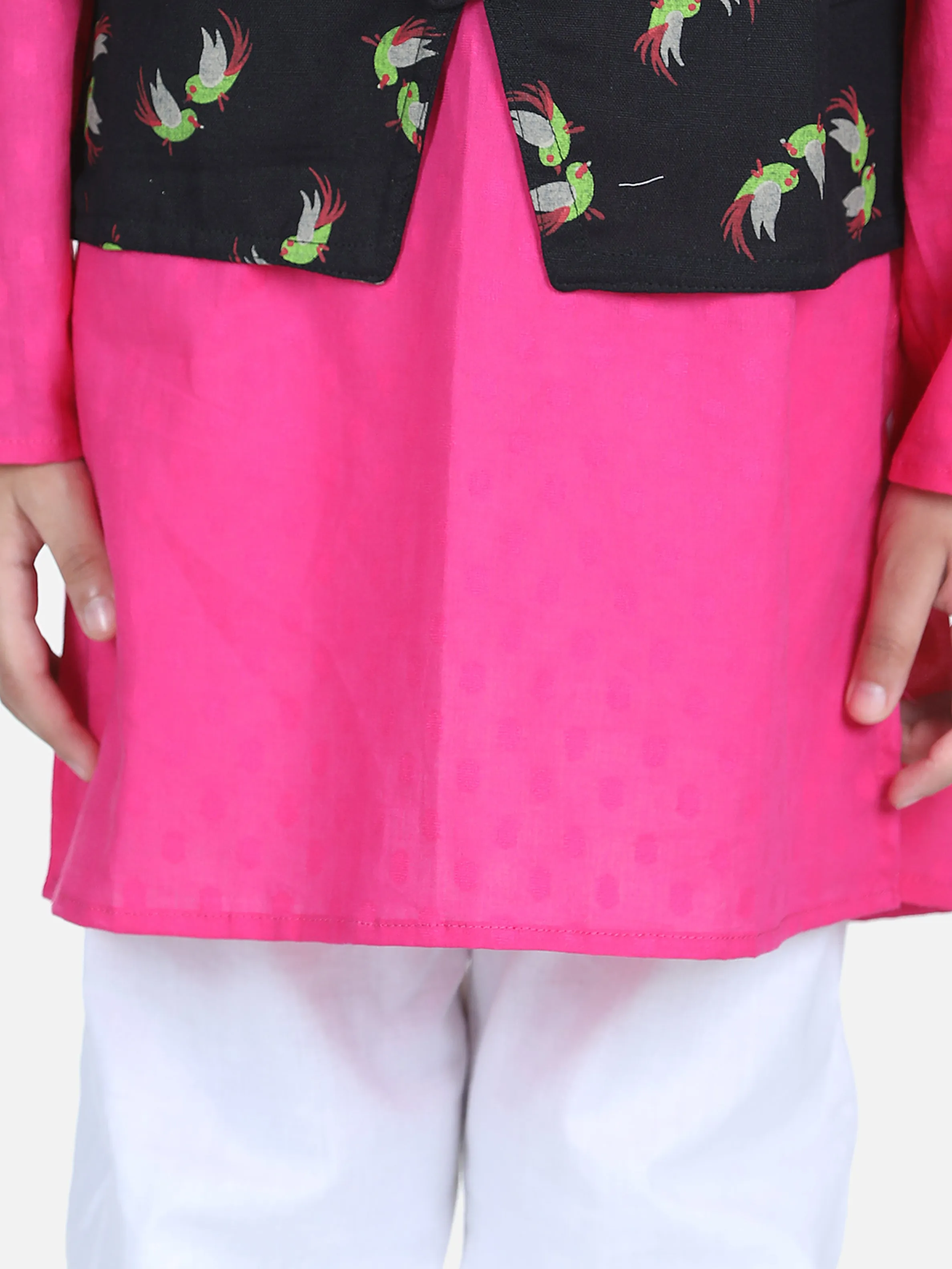 Boys Ethnic Festive Wear Cotton Attached Floral Jacket Kurta Pajama - Black