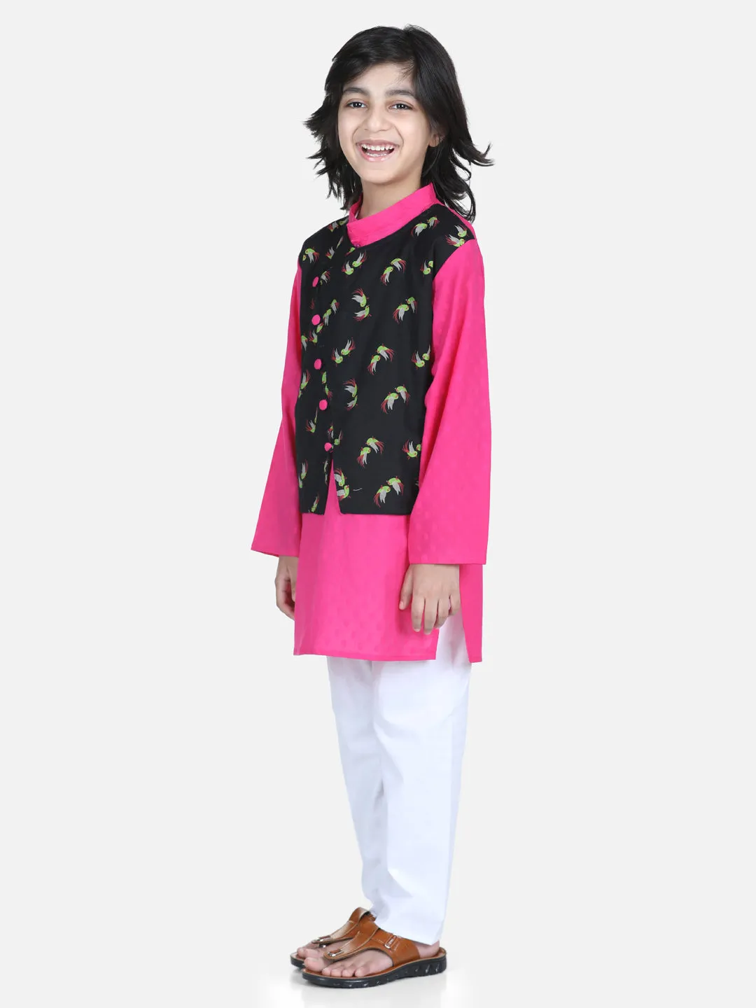 Boys Ethnic Festive Wear Cotton Attached Floral Jacket Kurta Pajama - Black