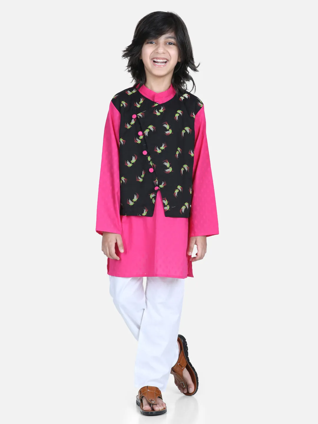 Boys Ethnic Festive Wear Cotton Attached Floral Jacket Kurta Pajama - Black