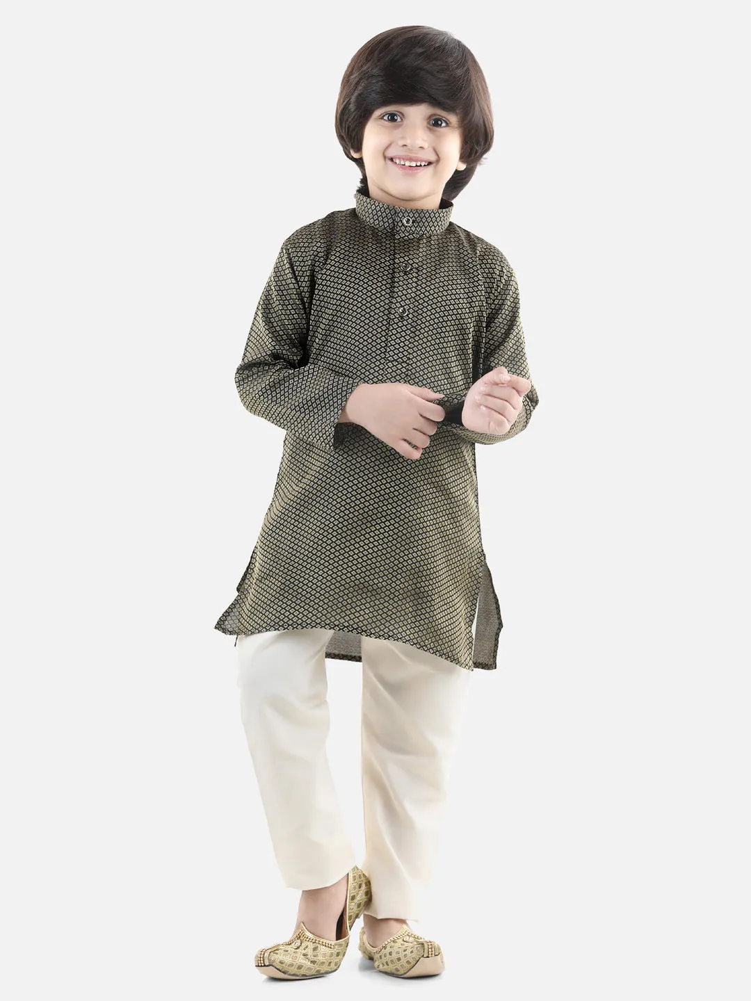 Boys Ethnic Full Sleeve Jacquard Kurta Pajama- Black