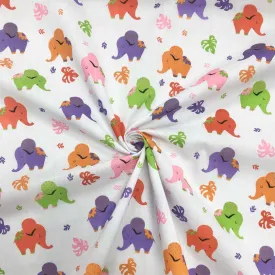 Cartoon Elephants on White Polycotton Fabric