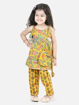 Cotton Printed Off Shoulder Kurti Pant Set with Side sling bag for Girls- Yellow