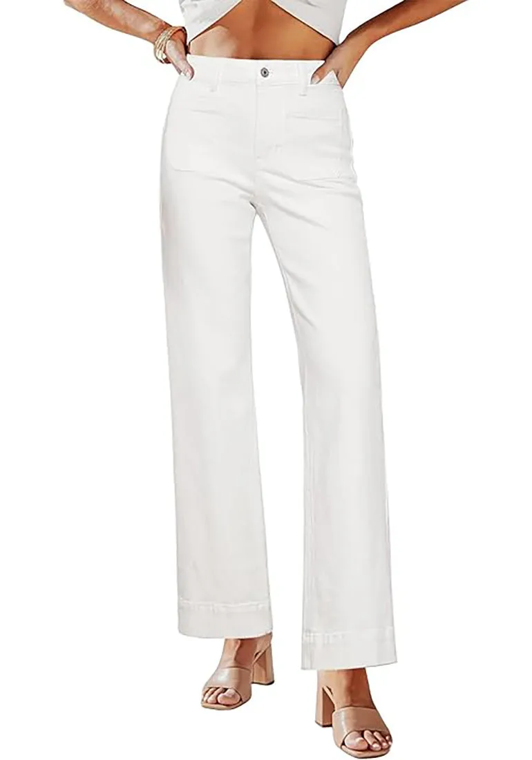 Cream White Women's Bell Bottom Full Length High Waisted Denim Regular Fit Slight Stretch Jeans