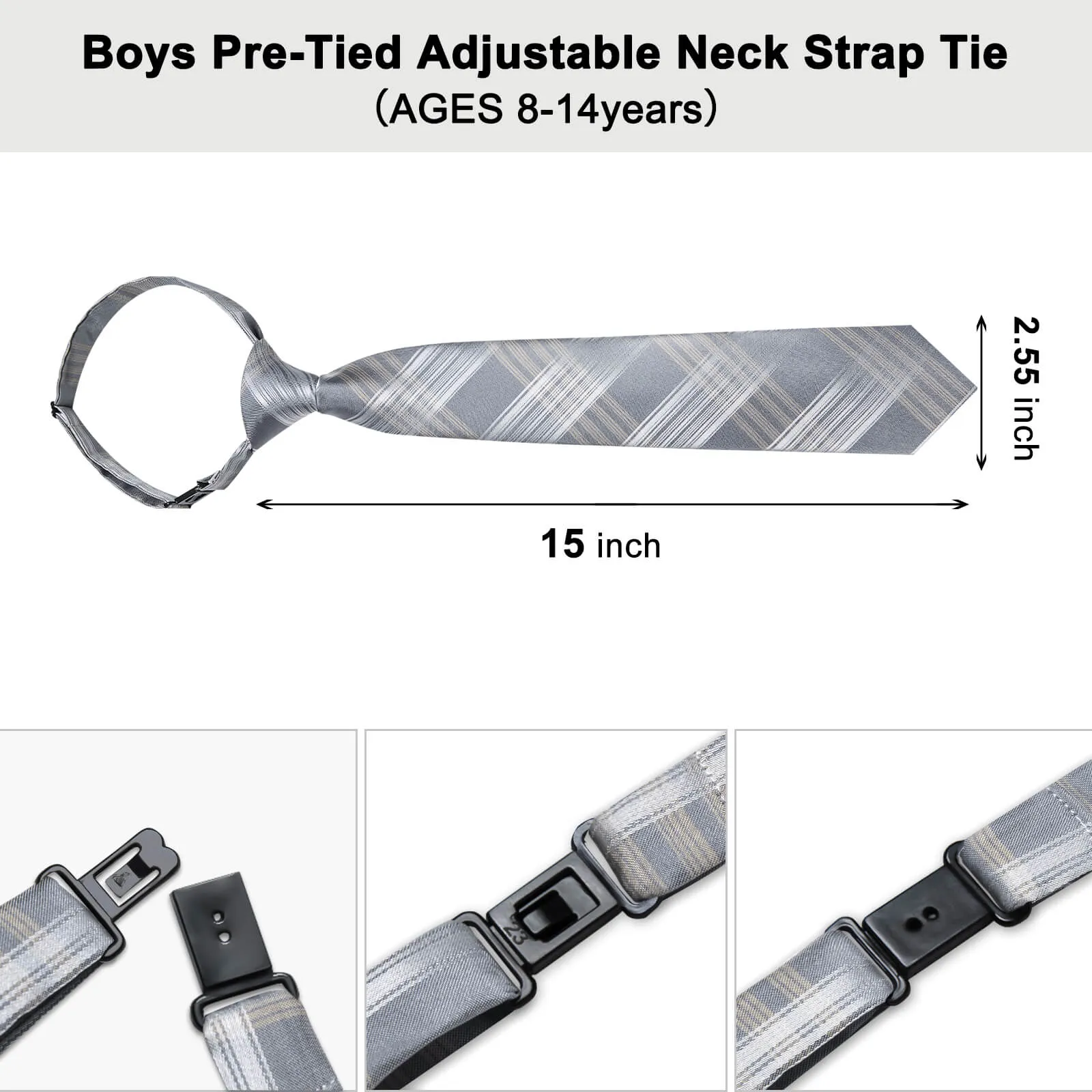 DiBanGu Kids Tie Grey White Brown Plaid Silk Tie Pocket Square Set