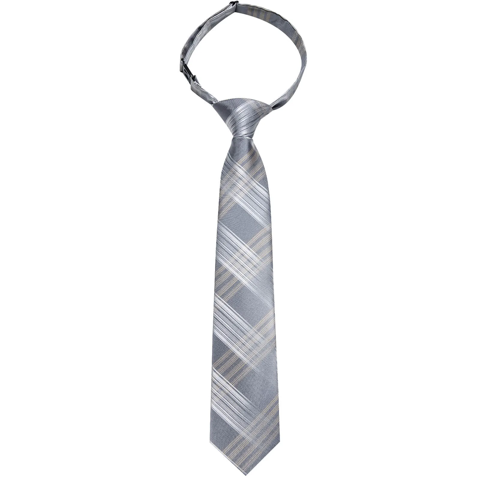 DiBanGu Kids Tie Grey White Brown Plaid Silk Tie Pocket Square Set