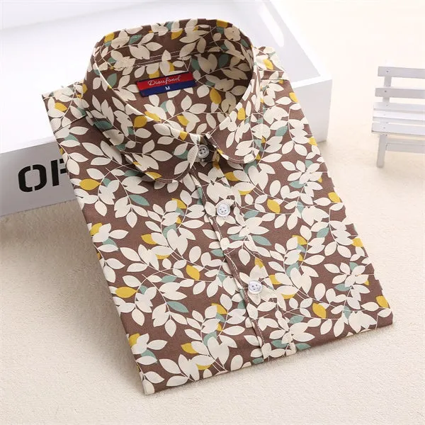 Dioufond Cotton Print Women Blouses Shirts Work Collar Office Ladies Tops Casual Cherry Long Sleeve Shirt Women Fashion Clothing