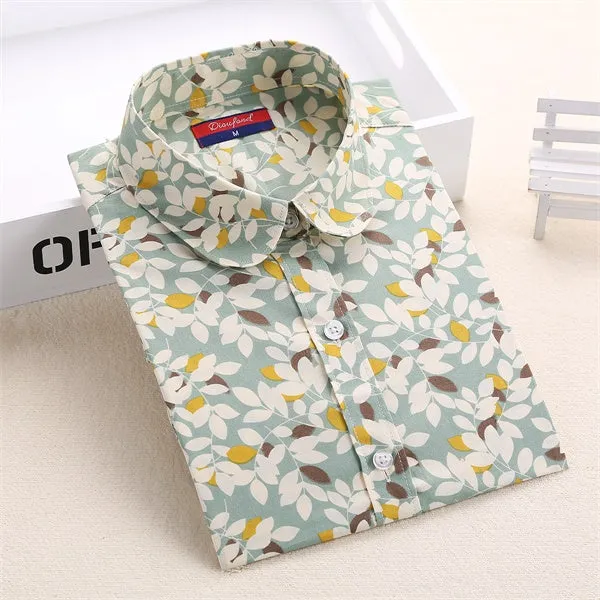 Dioufond Cotton Print Women Blouses Shirts Work Collar Office Ladies Tops Casual Cherry Long Sleeve Shirt Women Fashion Clothing