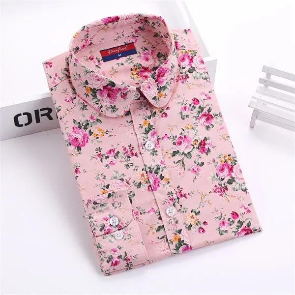 Dioufond Cotton Print Women Blouses Shirts Work Collar Office Ladies Tops Casual Cherry Long Sleeve Shirt Women Fashion Clothing