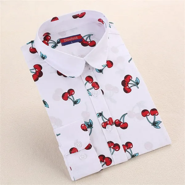 Dioufond Cotton Print Women Blouses Shirts Work Collar Office Ladies Tops Casual Cherry Long Sleeve Shirt Women Fashion Clothing