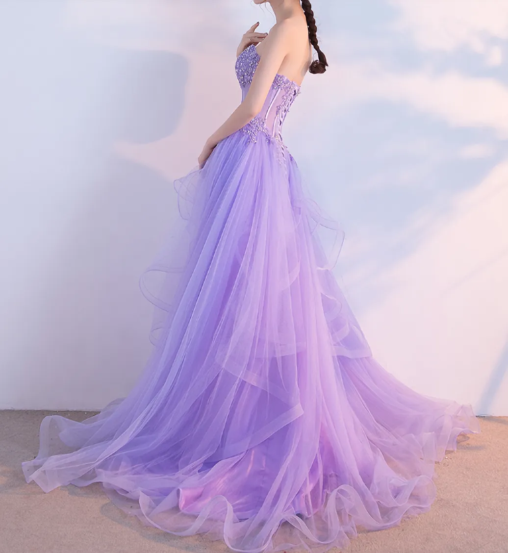 Elegant Long Sweetheart Lilac Tulle Women Prom Dresses