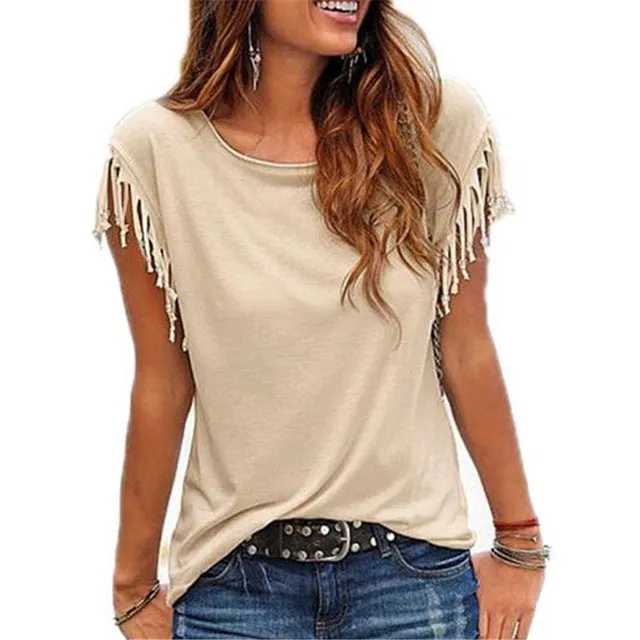 Falacs zozo Women Cotton Tassel Casual Blouses Sleeveless Solid Color Shirts Top Short Sleeve O-neck Women's Clothing Blouse