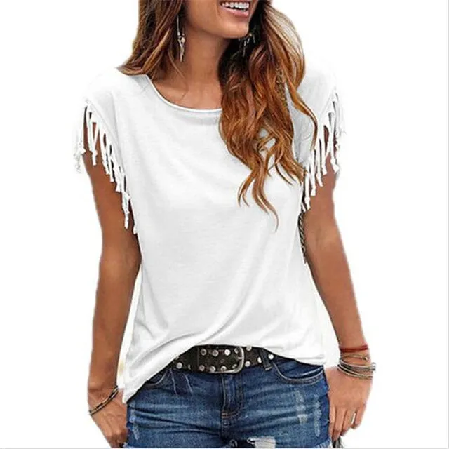 Falacs zozo Women Cotton Tassel Casual Blouses Sleeveless Solid Color Shirts Top Short Sleeve O-neck Women's Clothing Blouse