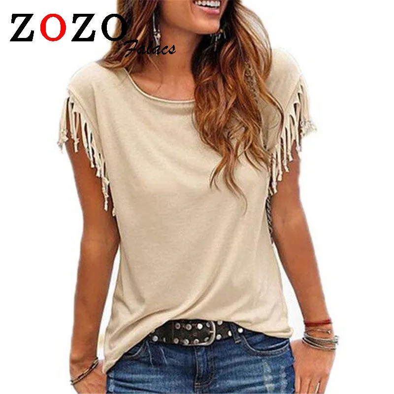 Falacs zozo Women Cotton Tassel Casual Blouses Sleeveless Solid Color Shirts Top Short Sleeve O-neck Women's Clothing Blouse