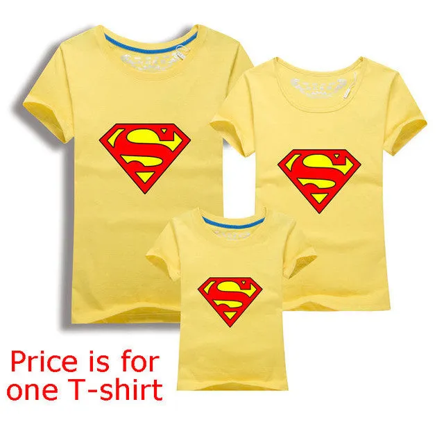 Family Matching Clothes Parent Kid Look Superman T Shirts Summer Father Mother Kids Cartoon Outfits New Cotton Tees Free Drop