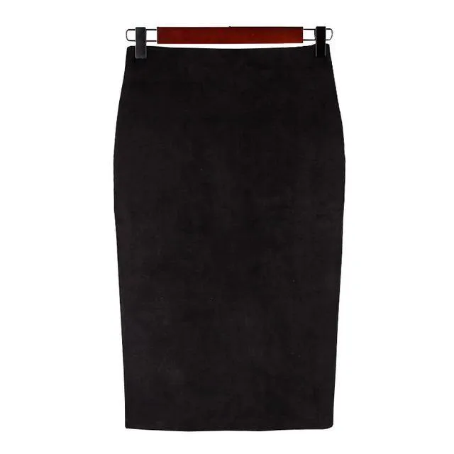 Fashion Empire Skirts 2018 Spring Faux Suede Pencil Skirt High Waist Bodycon Split Thick Stretchy Skirts