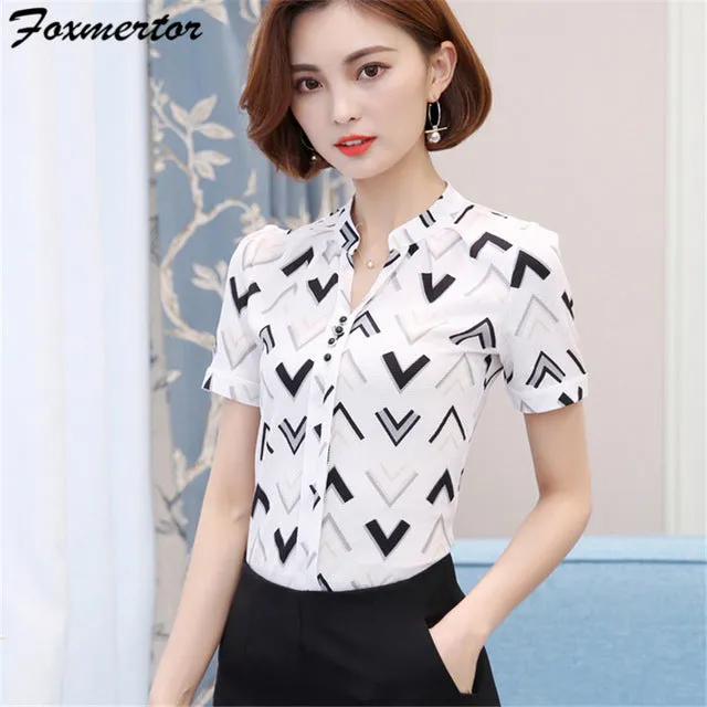 Foxmertor Chiffon Lady Office Blouses Shirt 2017 V-Neck Print Women Shirt Tunic Short Sleeve Blusas Feminina Elegant Tops #F113