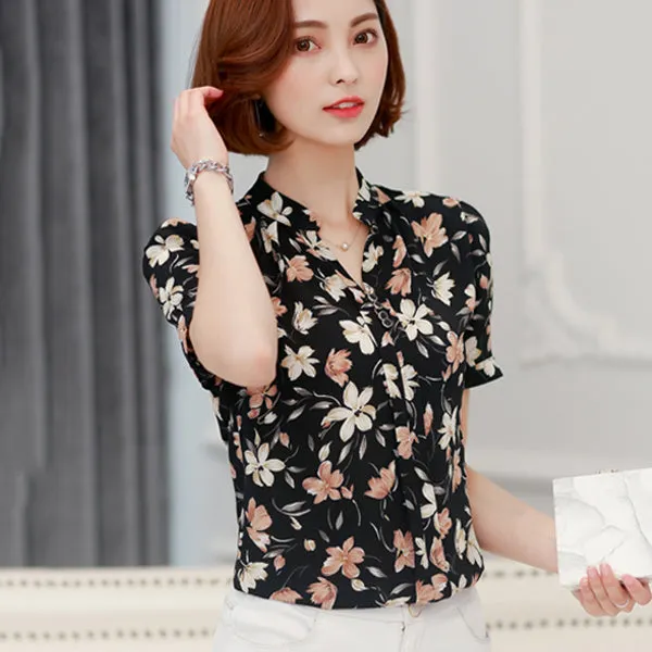 Foxmertor Chiffon Lady Office Blouses Shirt 2017 V-Neck Print Women Shirt Tunic Short Sleeve Blusas Feminina Elegant Tops #F113