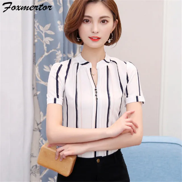 Foxmertor Chiffon Lady Office Blouses Shirt 2017 V-Neck Print Women Shirt Tunic Short Sleeve Blusas Feminina Elegant Tops #F113