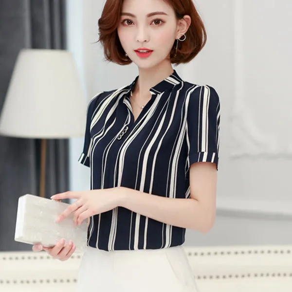 Foxmertor Chiffon Lady Office Blouses Shirt 2017 V-Neck Print Women Shirt Tunic Short Sleeve Blusas Feminina Elegant Tops #F113