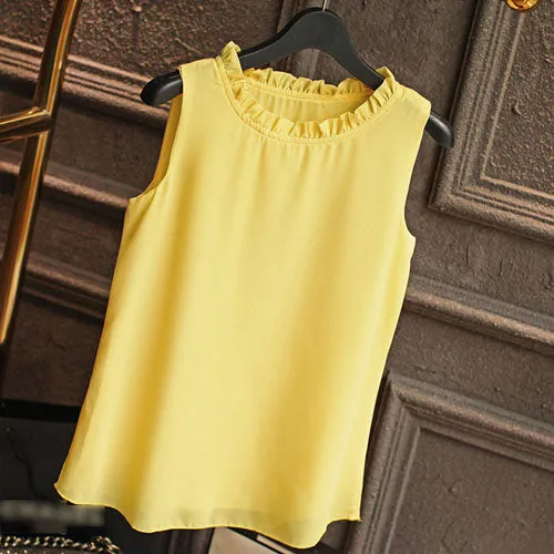 GAREMAY Shirt Women Summer Chiffon Tops White Sleeveless Blouses For Women Clothes Ruffle Elegant Vintage Feminine Shirts T098