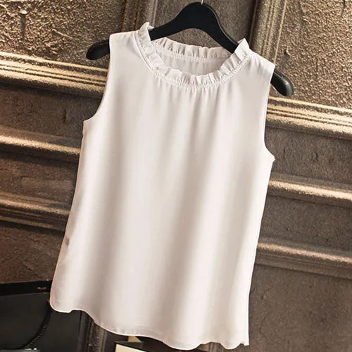 GAREMAY Shirt Women Summer Chiffon Tops White Sleeveless Blouses For Women Clothes Ruffle Elegant Vintage Feminine Shirts T098