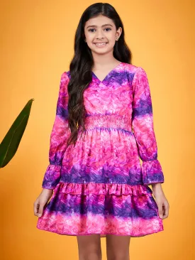 Girls Abstract Printed V-Neck Smocked Ruffled Fit Flare Dress