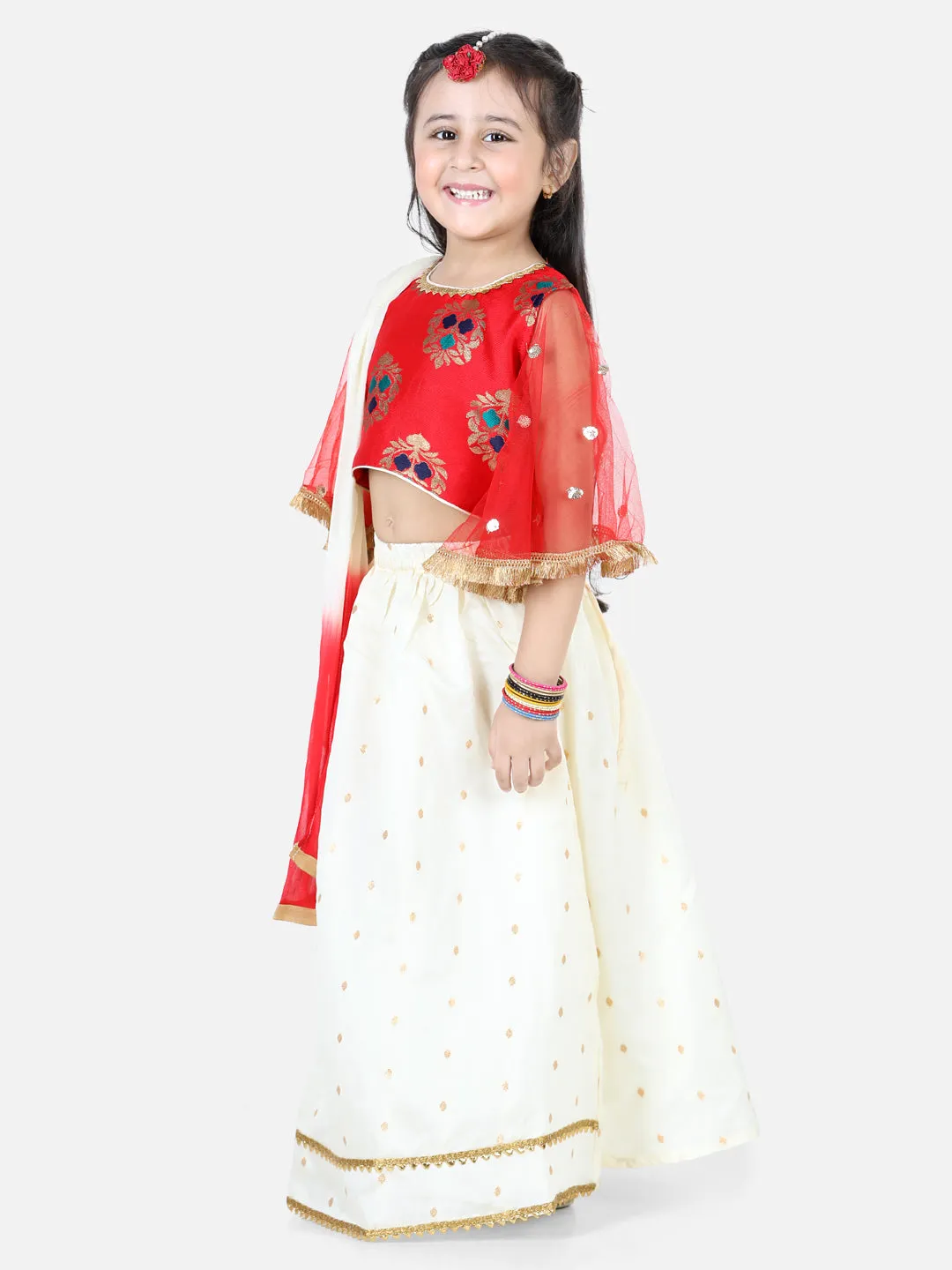 Girls Ethnic Festive Wear Jacquard Flared Sleeve Top with Silk Lehenga with Dupatta- Red