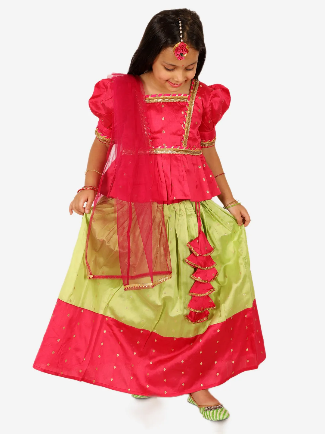 Girls Ethnic Festive Wear Puff Sleeve Choli Lehenga with Dupatta for Girls- Pink