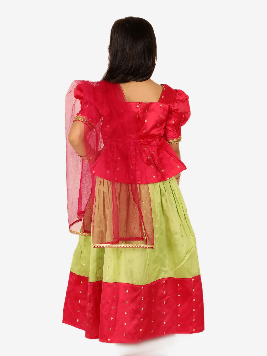 Girls Ethnic Festive Wear Puff Sleeve Choli Lehenga with Dupatta for Girls- Pink