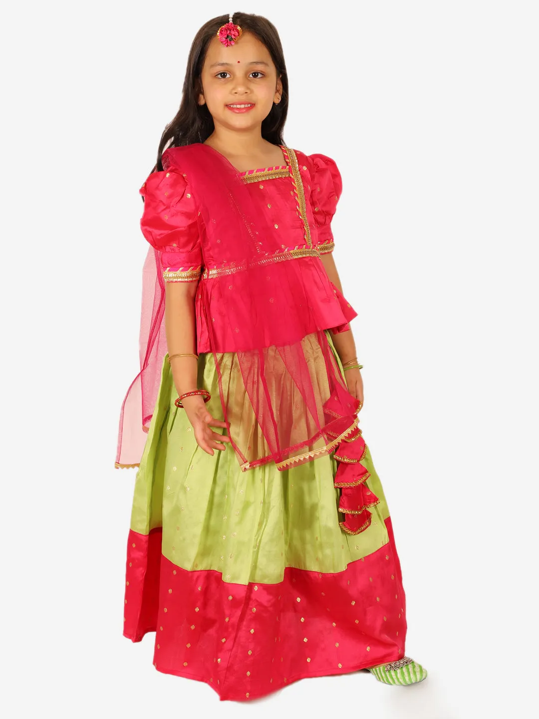 Girls Ethnic Festive Wear Puff Sleeve Choli Lehenga with Dupatta for Girls- Pink