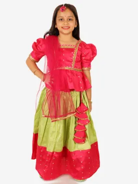 Girls Ethnic Festive Wear Puff Sleeve Choli Lehenga with Dupatta for Girls- Pink